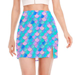 Pink Teal Mermaid Scales Pattern Print Side Slit Mini Skirt