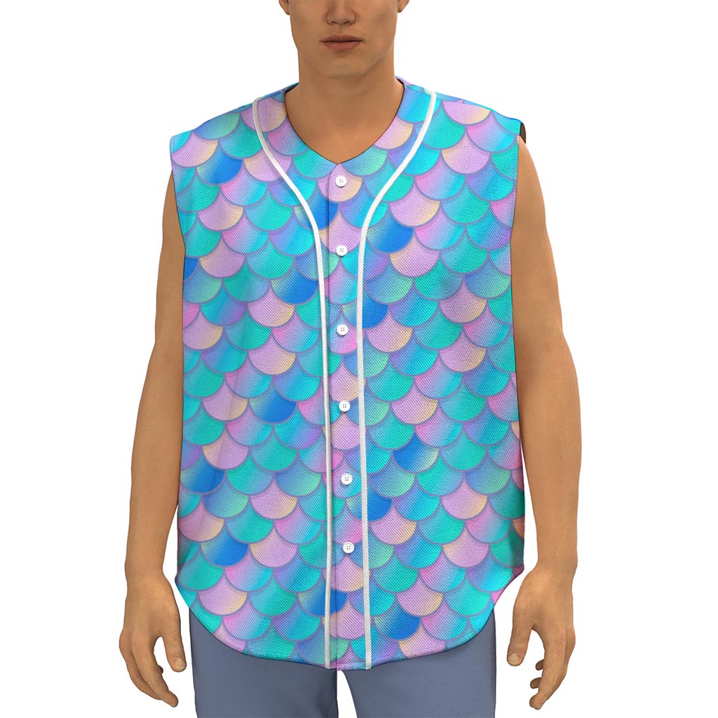 Pink Teal Mermaid Scales Pattern Print Sleeveless Baseball Jersey