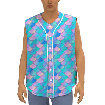 Pink Teal Mermaid Scales Pattern Print Sleeveless Baseball Jersey