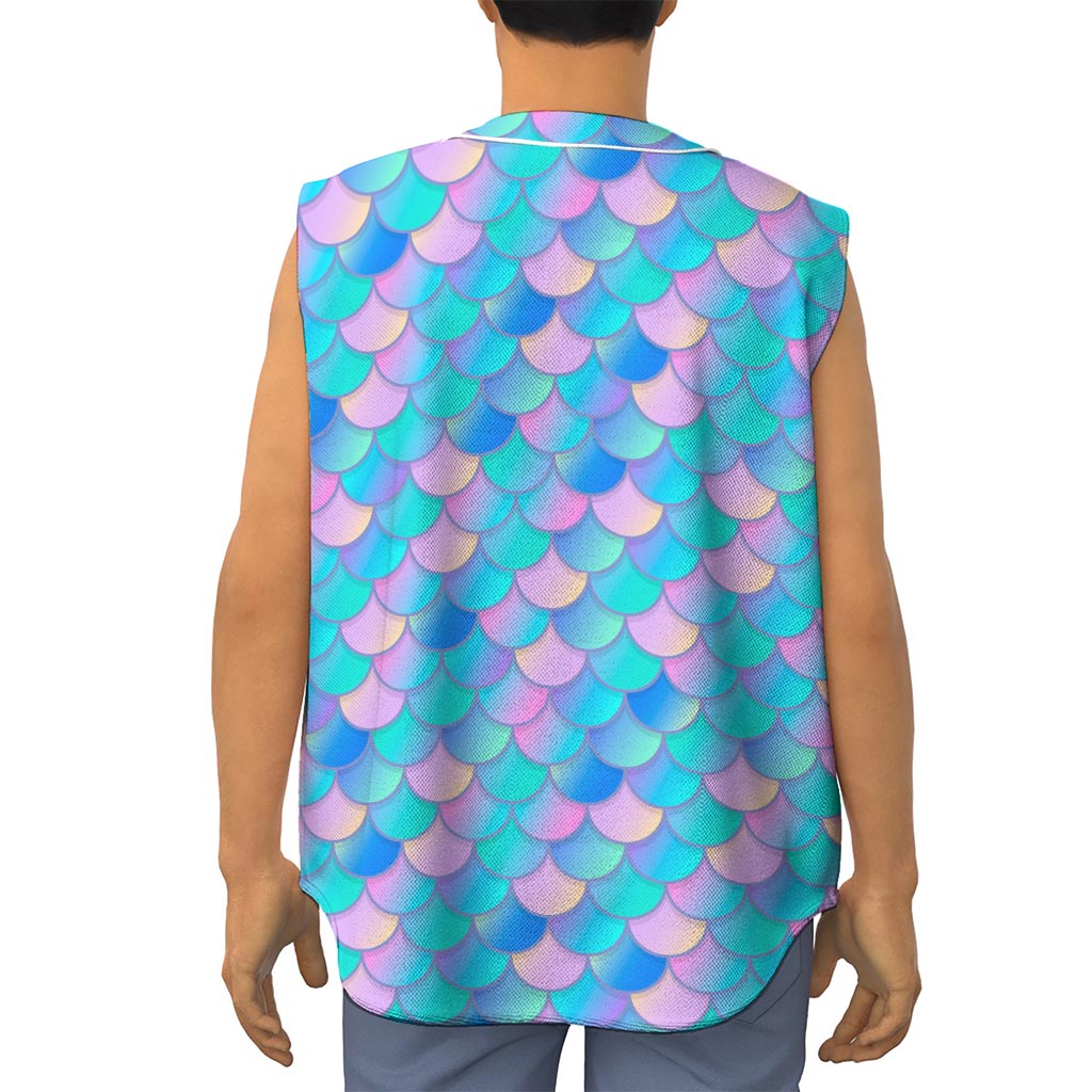 Pink Teal Mermaid Scales Pattern Print Sleeveless Baseball Jersey