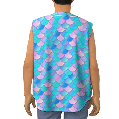 Pink Teal Mermaid Scales Pattern Print Sleeveless Baseball Jersey