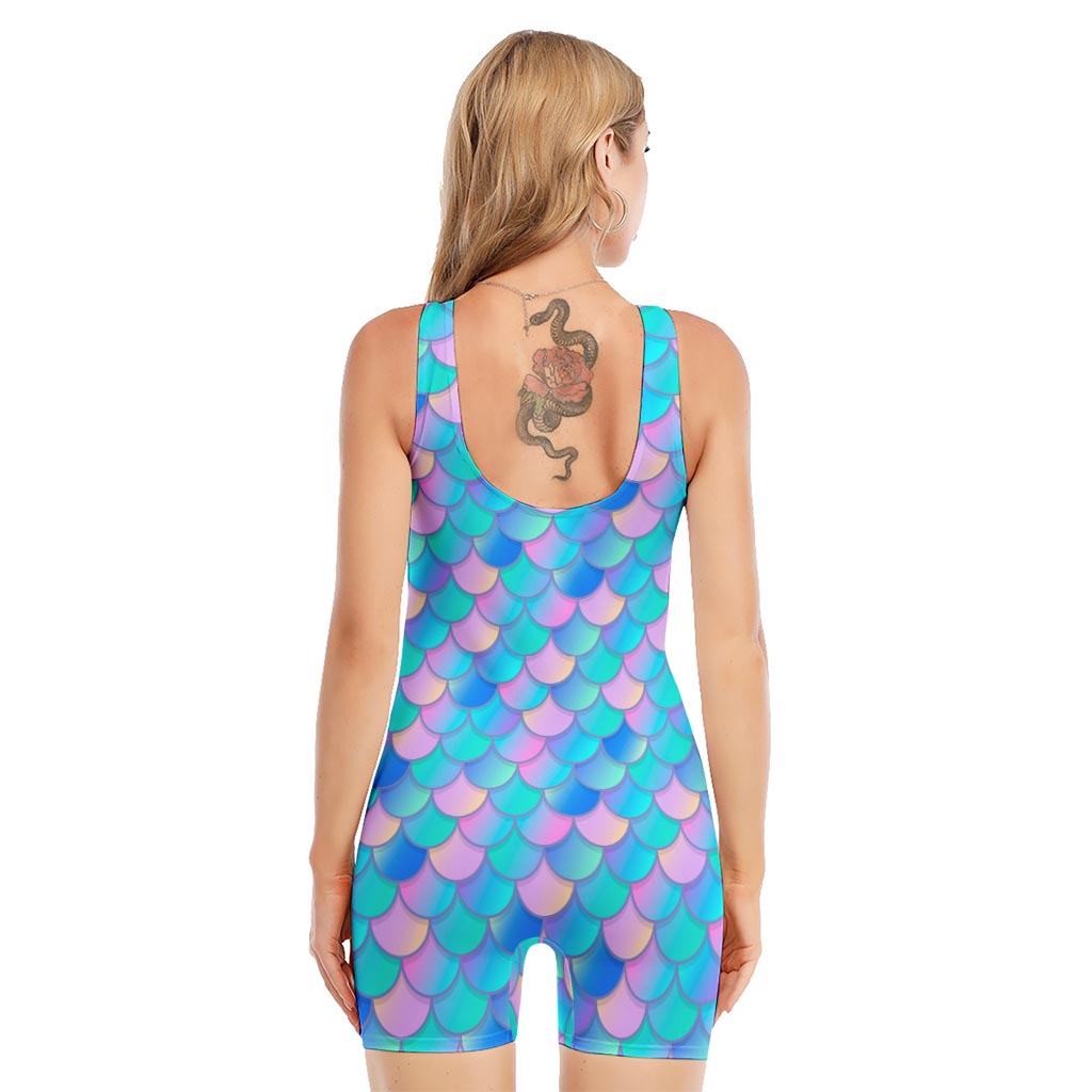 Pink Teal Mermaid Scales Pattern Print Sleeveless One Piece Swimsuit