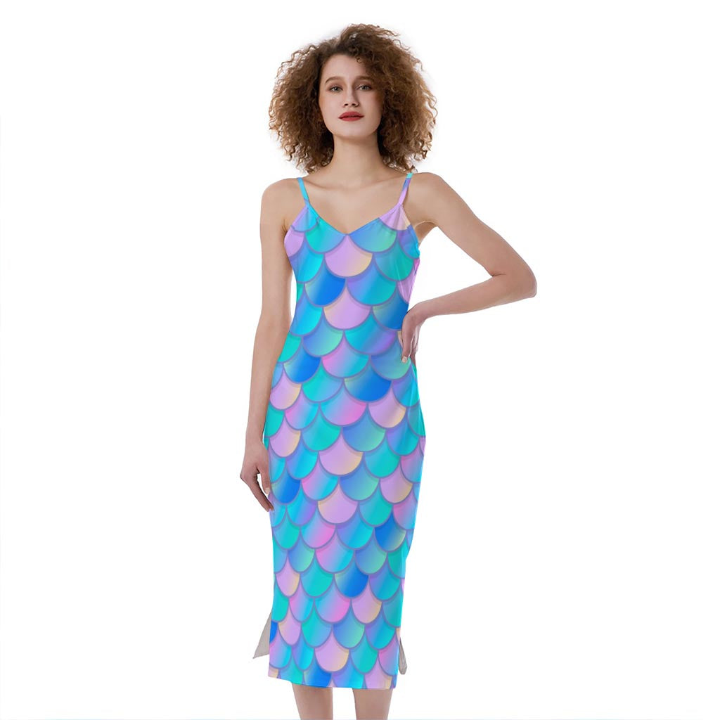 mermaid cami dress Pink Teal Mermaid Scales Pattern Print Slim Fit Midi Cami Dress