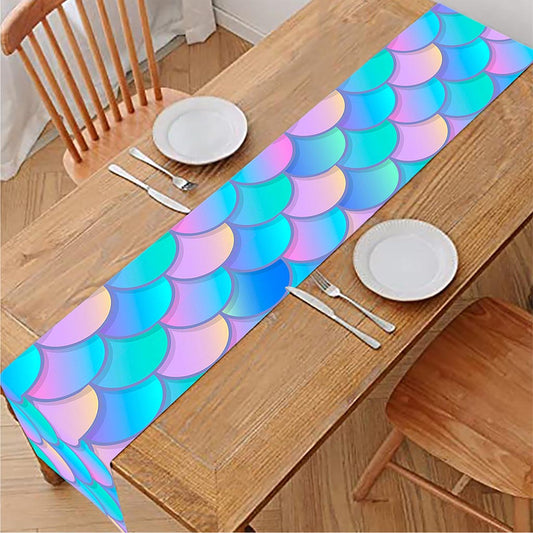 Pink Teal Mermaid Scales Pattern Print Table Runner