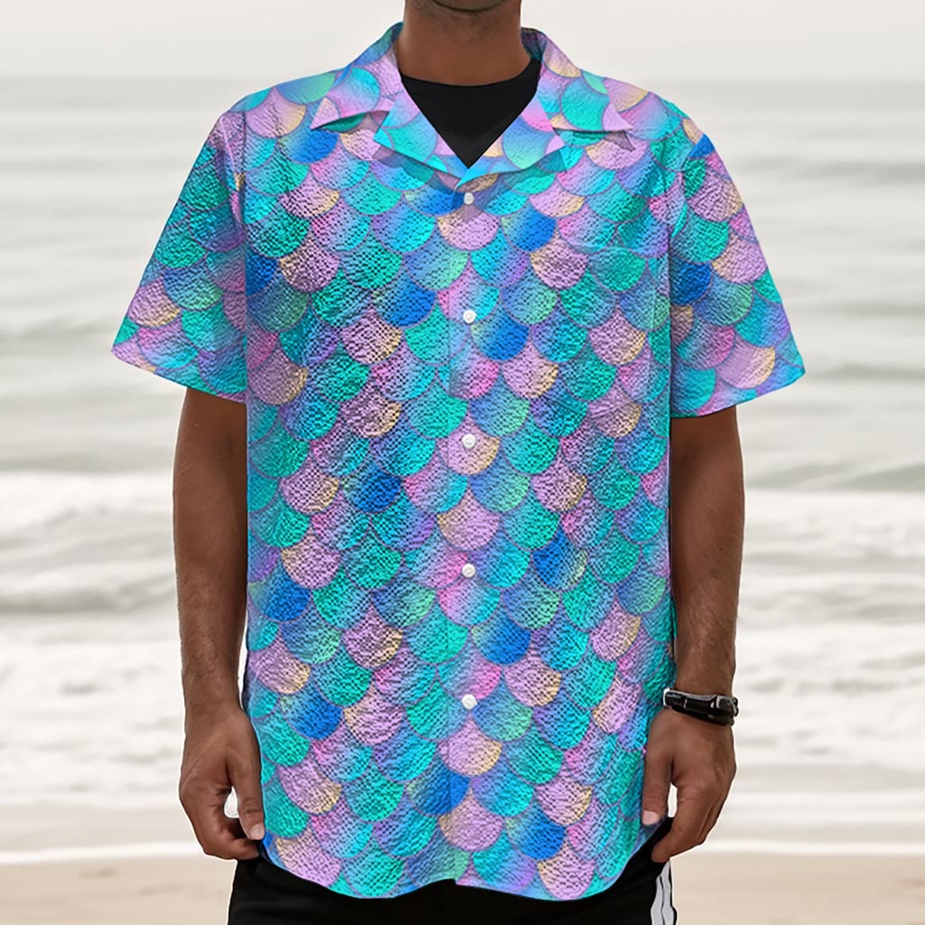 Pink Teal Mermaid Scales Pattern Print Textured Short Sleeve Shirt