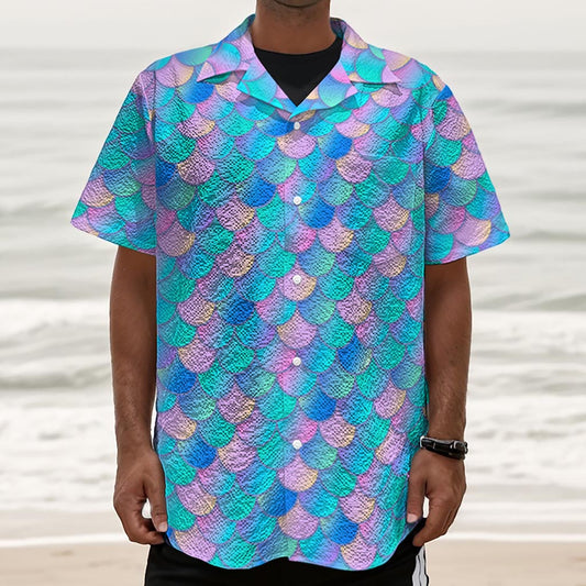 Pink Teal Mermaid Scales Pattern Print Textured Short Sleeve Shirt