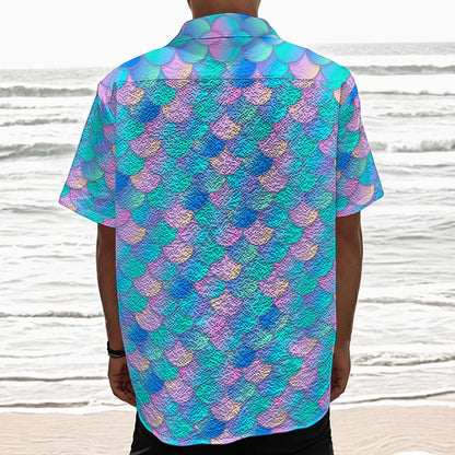 Pink Teal Mermaid Scales Pattern Print Textured Short Sleeve Shirt