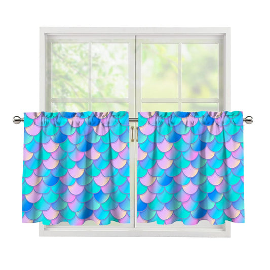 Pink Teal Mermaid Scales Pattern Print Tier Curtains