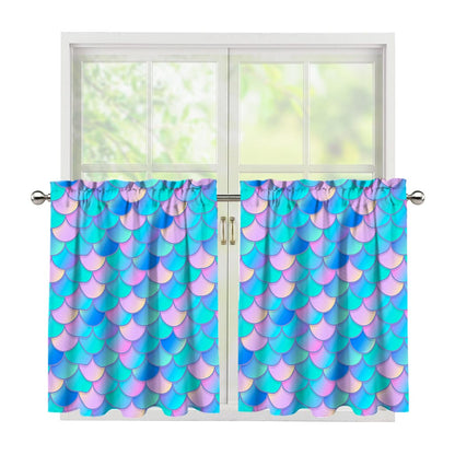 Pink Teal Mermaid Scales Pattern Print Tier Curtains