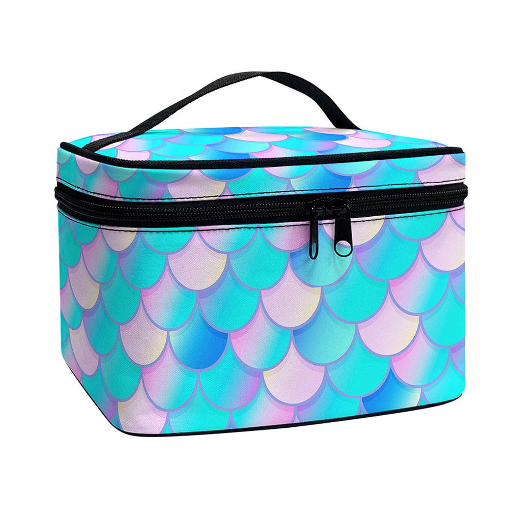 Pink Teal Mermaid Scales Pattern Print Travel Makeup Bag