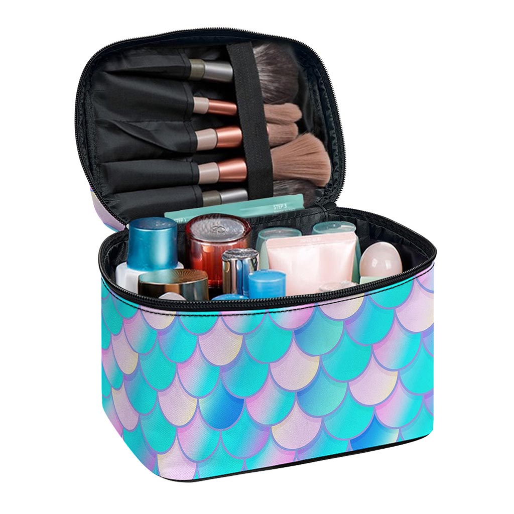 Pink Teal Mermaid Scales Pattern Print Travel Makeup Bag