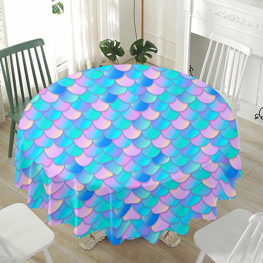 Pink Teal Mermaid Scales Pattern Print Waterproof Round Tablecloth