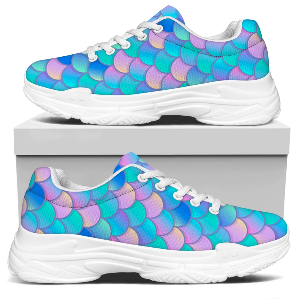 Pink Teal Mermaid Scales Pattern Print White Chunky Shoes