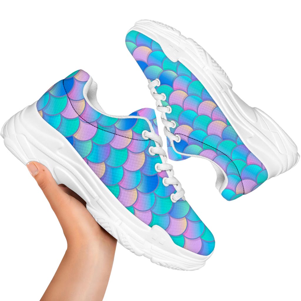 Pink Teal Mermaid Scales Pattern Print White Chunky Shoes