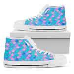 Pink Teal Mermaid Scales Pattern Print White High Top Sneakers