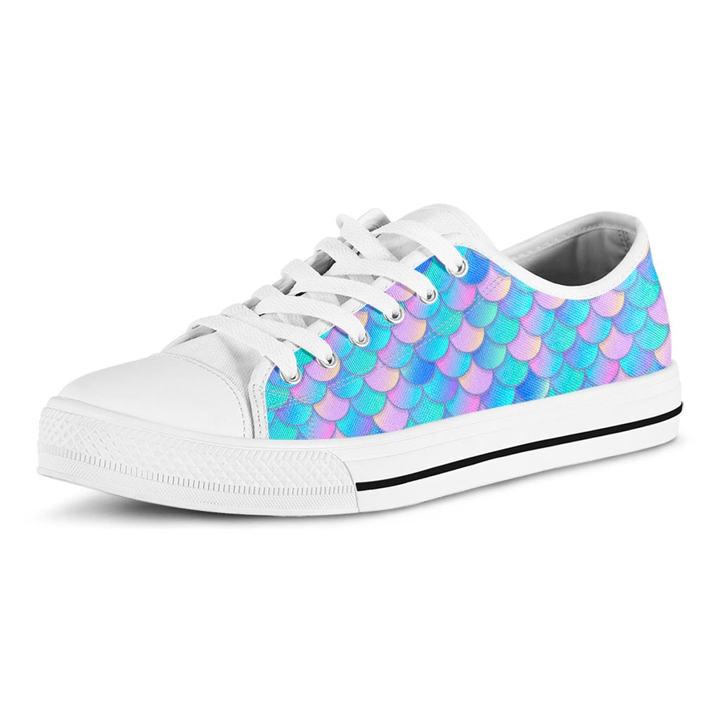 Pink Teal Mermaid Scales Pattern Print White Low Top Sneakers