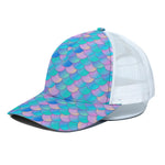 Pink Teal Mermaid Scales Pattern Print White Mesh Trucker Cap