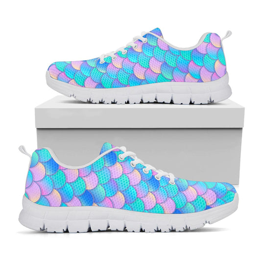 Pink Teal Mermaid Scales Pattern Print White Running Shoes