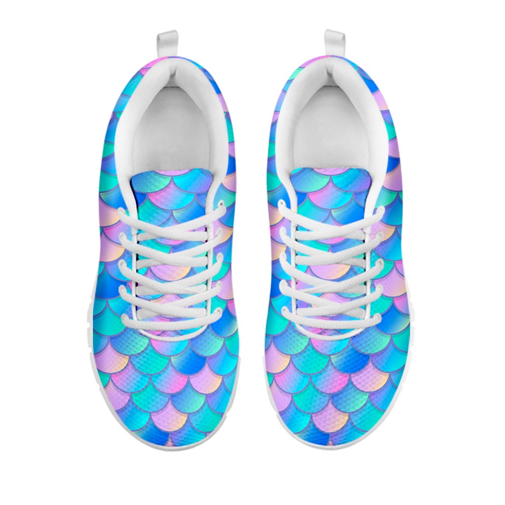 Pink Teal Mermaid Scales Pattern Print White Running Shoes