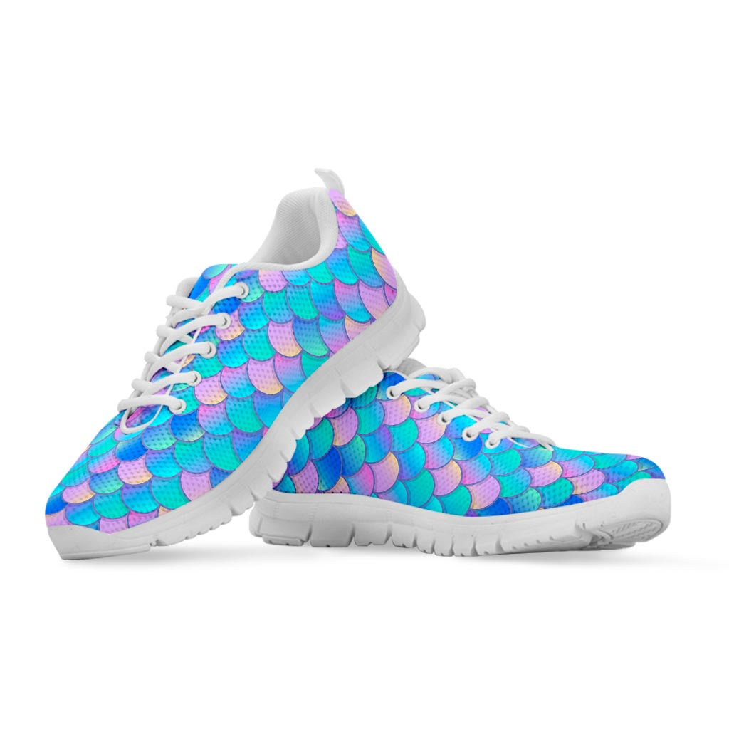 Pink Teal Mermaid Scales Pattern Print White Running Shoes