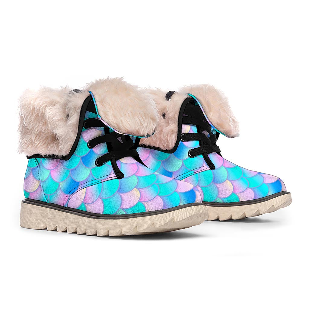 Pink Teal Mermaid Scales Pattern Print Winter Boots