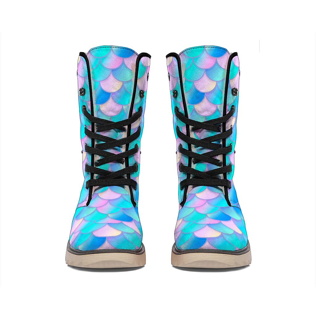 Pink Teal Mermaid Scales Pattern Print Winter Boots