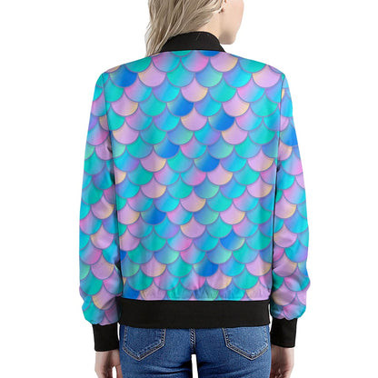 Pink Teal Mermaid Scales Pattern Print Women's Bomber Jacket