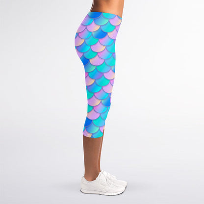 Pink Teal Mermaid Scales Pattern Print Women's Capri Leggings