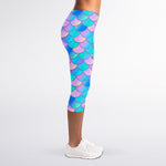 Pink Teal Mermaid Scales Pattern Print Women's Capri Leggings