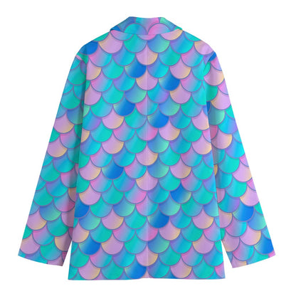Pink Teal Mermaid Scales Pattern Print Women's Cotton Blazer