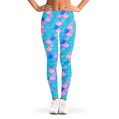 Pink Teal Mermaid Scales Pattern Print Women's Leggings