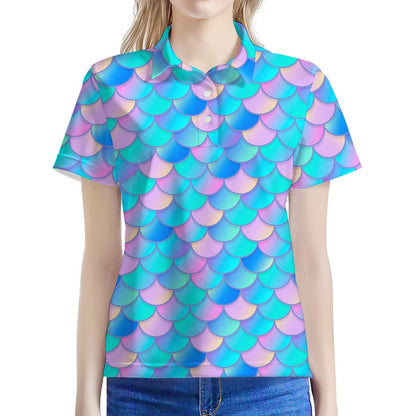 Pink Teal Mermaid Scales Pattern Print Women's Polo Shirt
