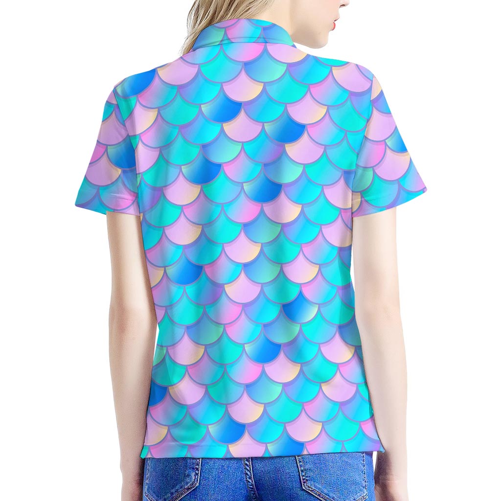 Pink Teal Mermaid Scales Pattern Print Women's Polo Shirt
