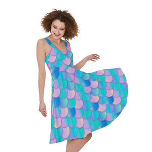 mermaid print dress womens Pink Teal Mermaid Scales Pattern Print Sleeveless Knee Length Dress