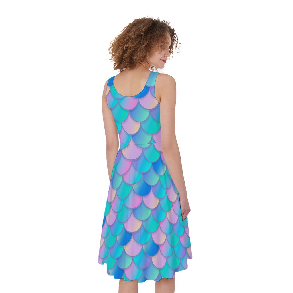 Pink Teal Mermaid Scales Pattern Print Women's Sleeveless Dress