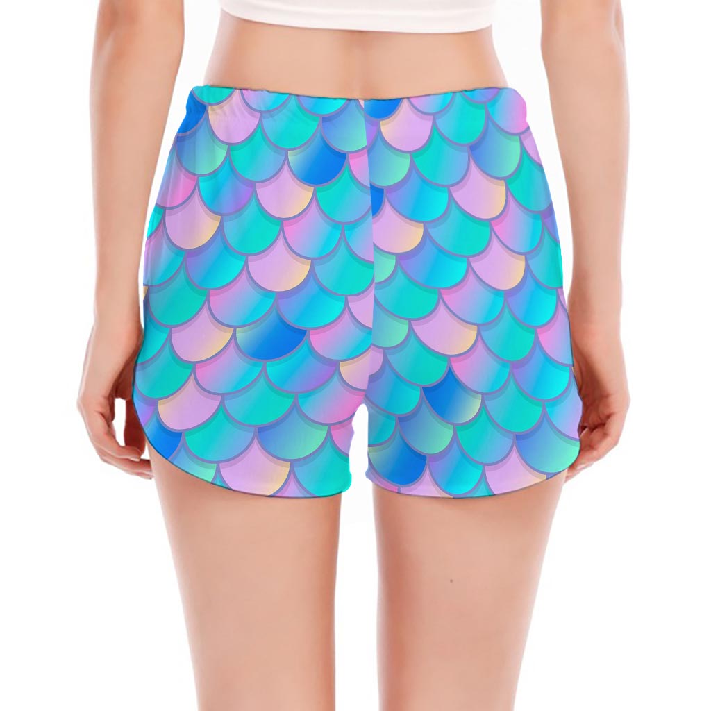 Pink Teal Mermaid Scales Pattern Print Women's Split Running Shorts
