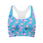 Pink Teal Mermaid Scales Pattern Print Women's Sports Bra
