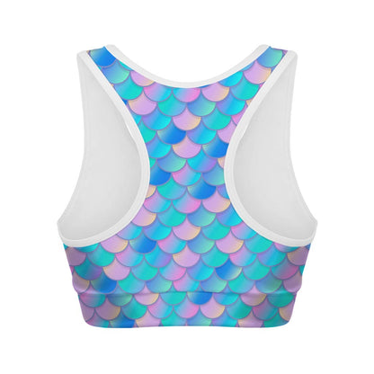Pink Teal Mermaid Scales Pattern Print Women's Sports Bra