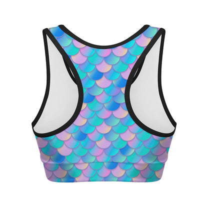 Pink Teal Mermaid Scales Pattern Print Women's Sports Bra