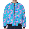 Pink Teal Mermaid Scales Pattern Print Zip Sleeve Bomber Jacket