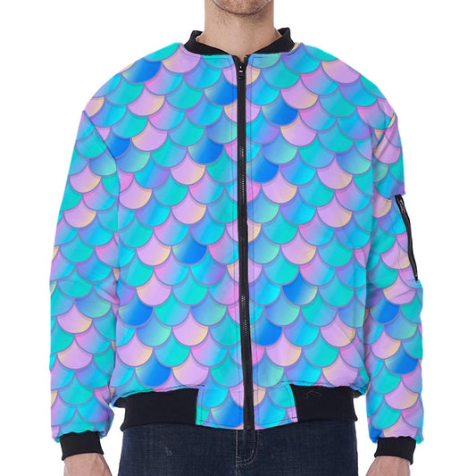 Pink Teal Mermaid Scales Pattern Print Zip Sleeve Bomber Jacket