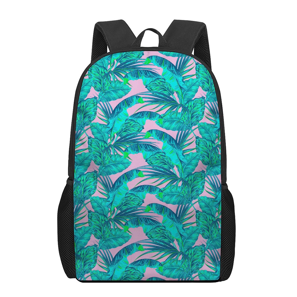 Pink Teal Tropical Leaf Pattern Print 17 Inch Backpack