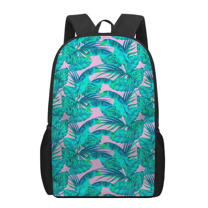 Pink Teal Tropical Leaf Pattern Print 17 Inch Backpack