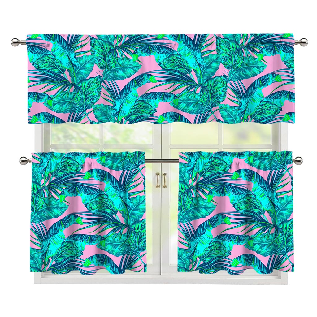Pink Teal Tropical Leaf Pattern Print 3 Piece Kitchen Curtains
