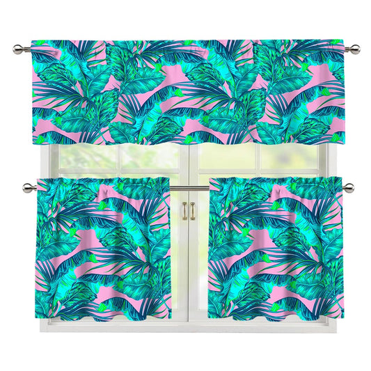 Pink Teal Tropical Leaf Pattern Print 3 Piece Kitchen Curtains