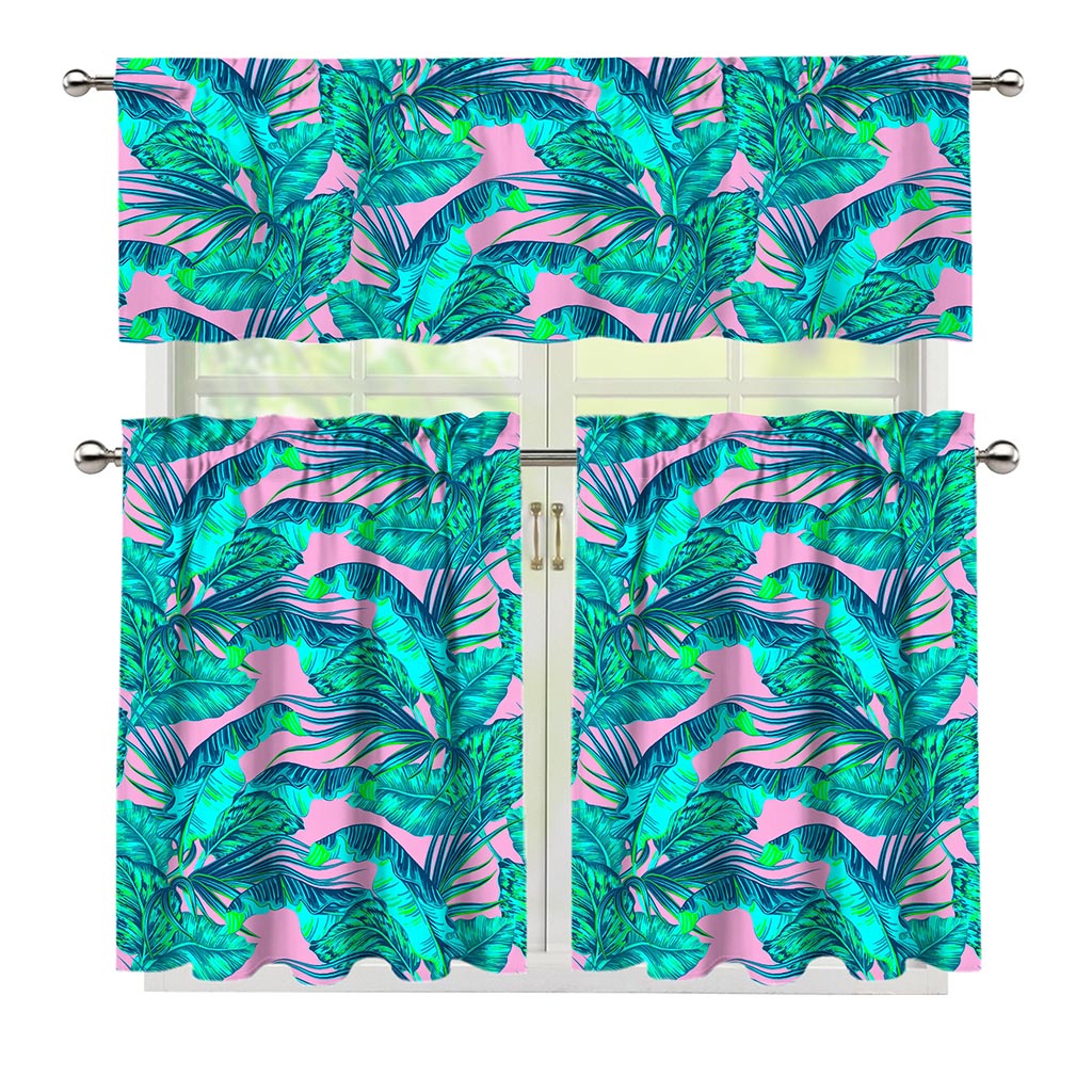 Pink Teal Tropical Leaf Pattern Print 3 Piece Kitchen Curtains