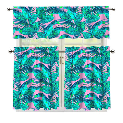 Pink Teal Tropical Leaf Pattern Print 3 Piece Kitchen Curtains