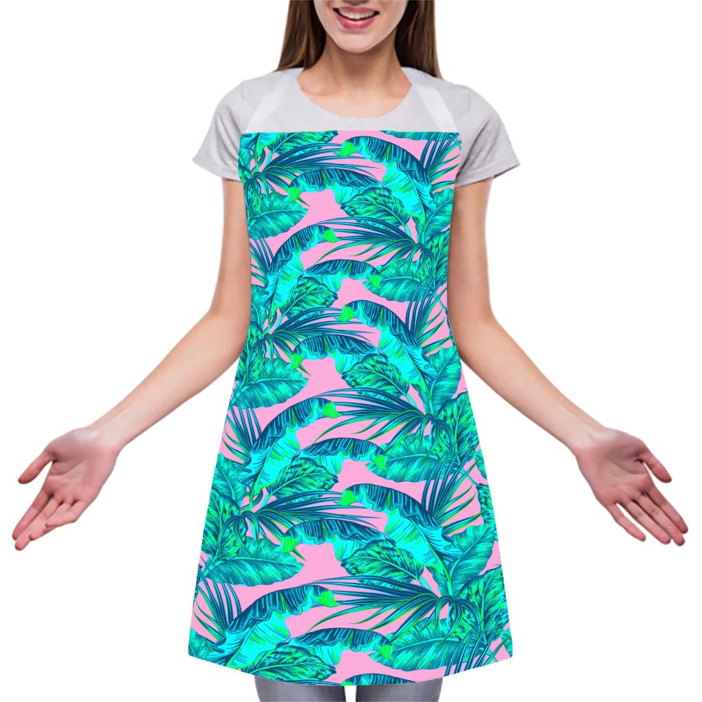 Pink Teal Tropical Leaf Pattern Print Adjustable Apron