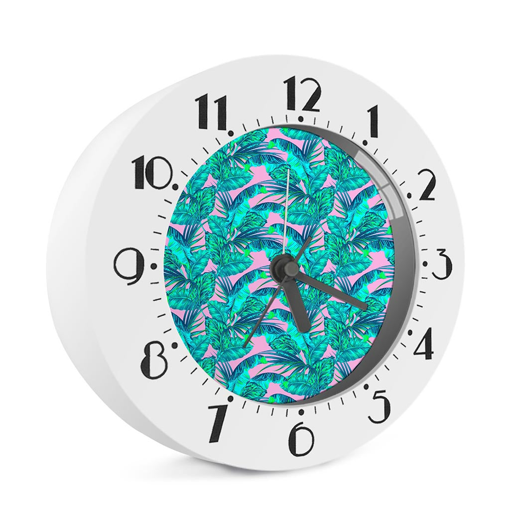 Pink Teal Tropical Leaf Pattern Print Alarm Clock