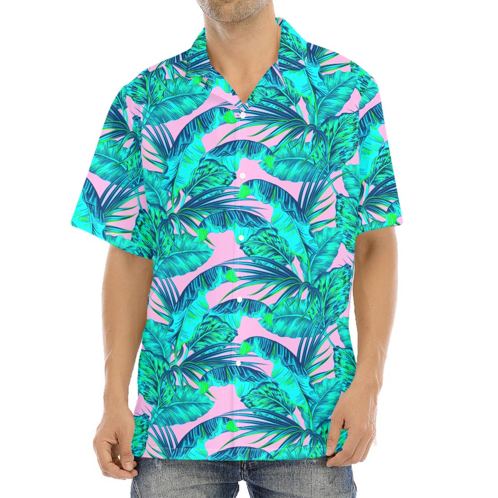 Pink Teal Tropical Leaf Pattern Print Aloha Shirt